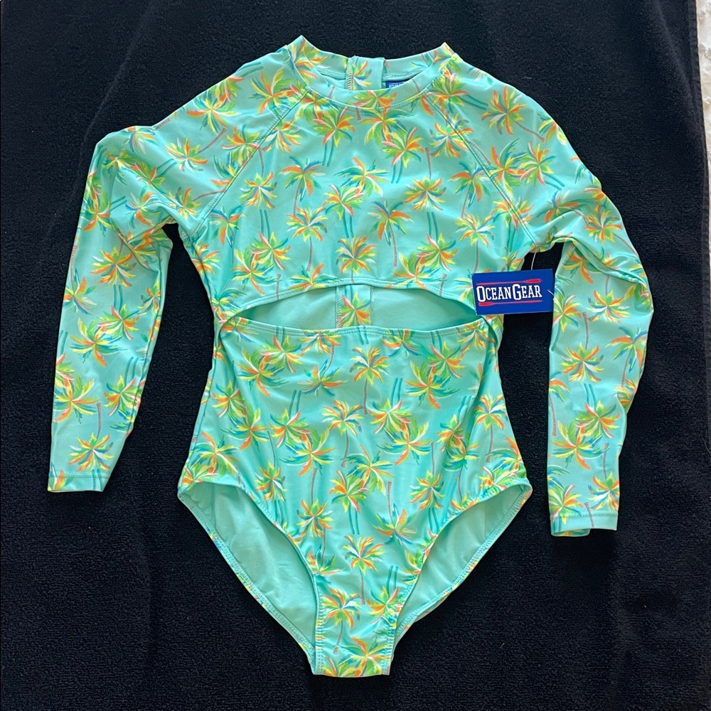 Kids One Piece long sleeve Swimsuit - Tropical Green nwt